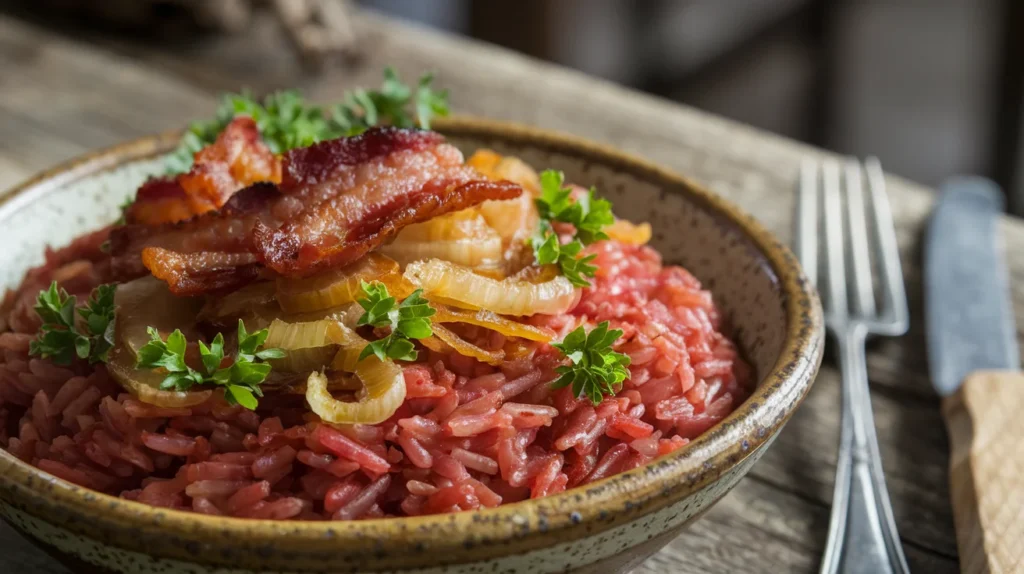 A rustic bowl of Charleston red rice garnished with fresh parsley, featuring crispy bacon and caramelized onions on a wooden table."