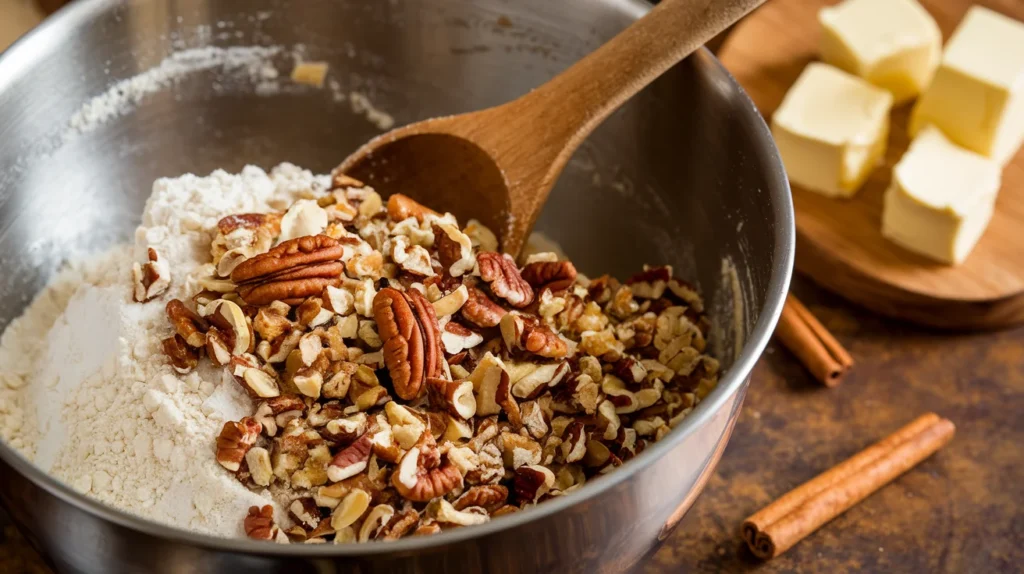 Mixing crumble topping for an oat-free apple crisp recipe with pecans and butter in a bowl.