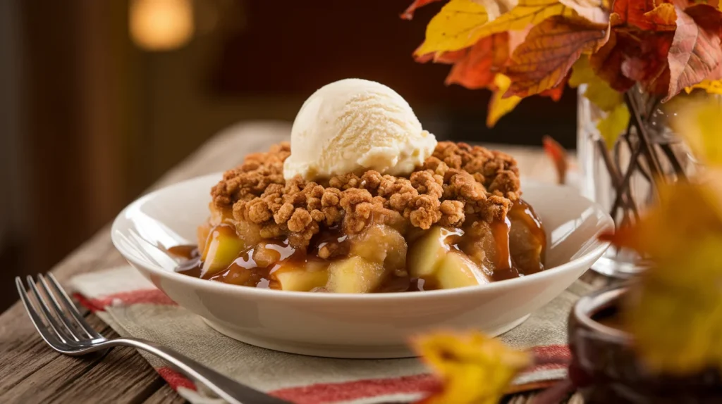 A plate of apple crisp without oats topped with vanilla ice cream and caramel sauce."