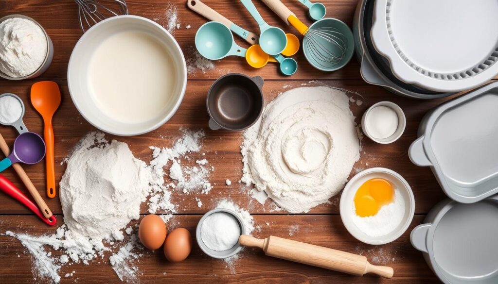 Essential baking tools for cake making, including mixing bowls, a whisk, measuring cups, and a stand mixer.