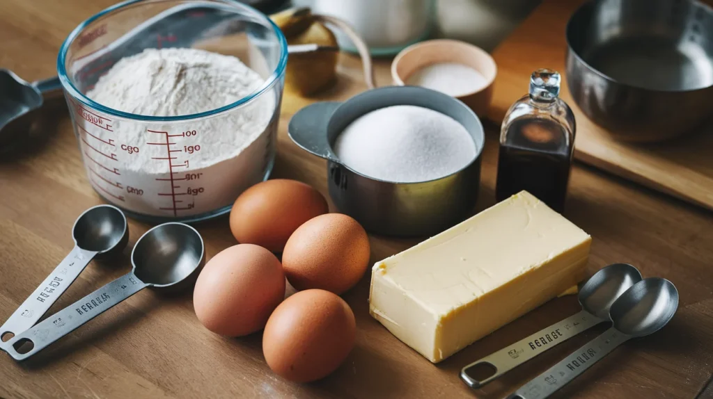 A flat lay of essential baking ingredients including flour, eggs, sugar, butter, and vanilla extract, arranged on a wooden table with measuring cups and spoons.