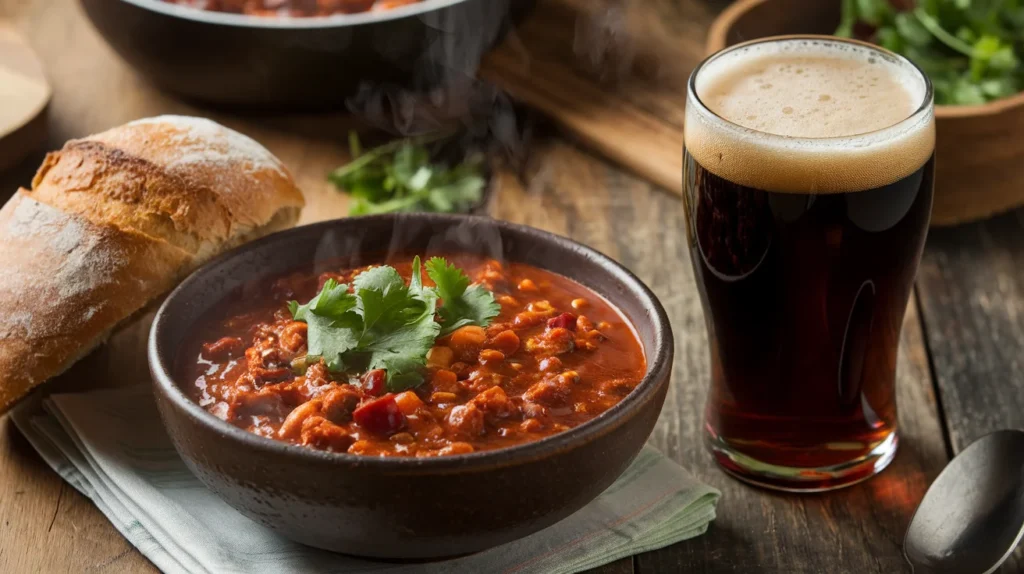 A steaming bowl of beer-infused venison chili served with a glass of dark beer and rustic bread on a wooden table, garnished with fresh cilantro."