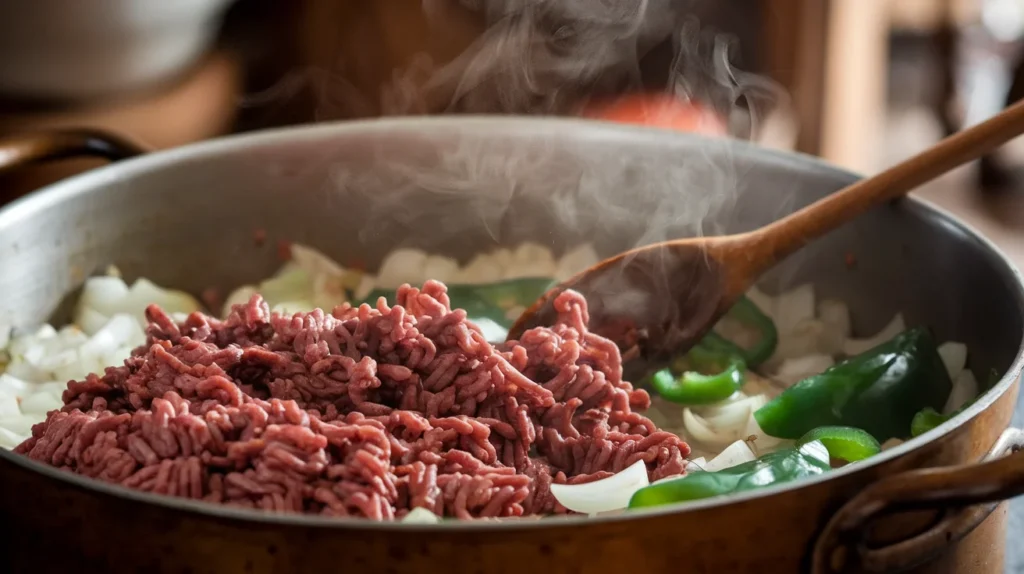 Ground venison browning in a pot with sautéed onions and green peppers, stirred with a wooden spoon in a rustic kitchen setting.