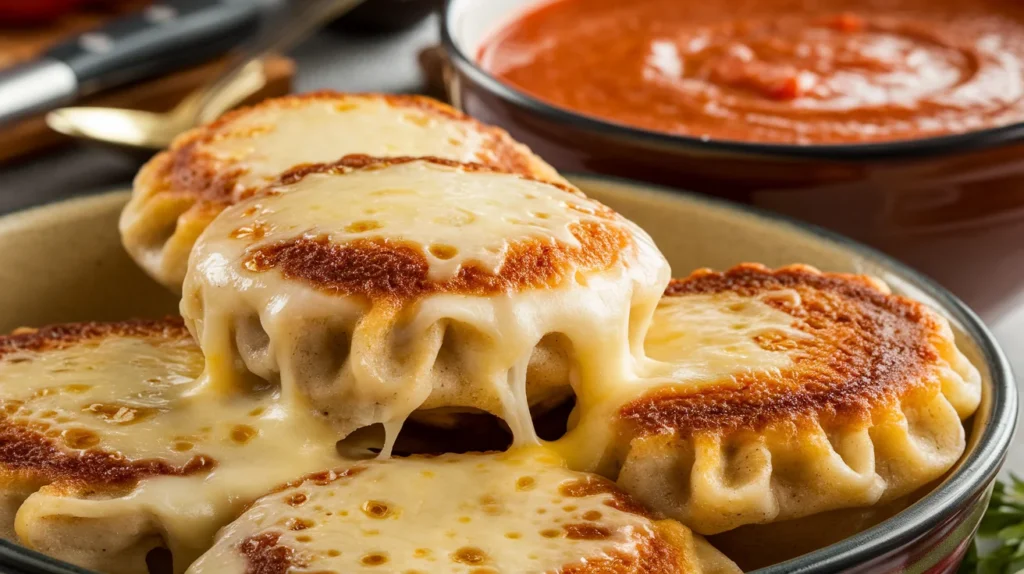 Close-up of cheese-stuffed Bisquick dumplings, with melted cheese oozing out, served in a bowl of creamy tomato soup on a modern kitchen table.