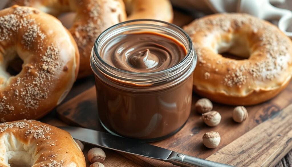 Jar of chocolate hazelnut cream cheese spread surrounded by freshly baked bagels and hazelnuts