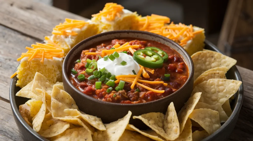 A bowl of venison chili garnished with shredded cheese, sour cream, green onions, and jalapeños, surrounded by cornbread slices and tortilla chips.