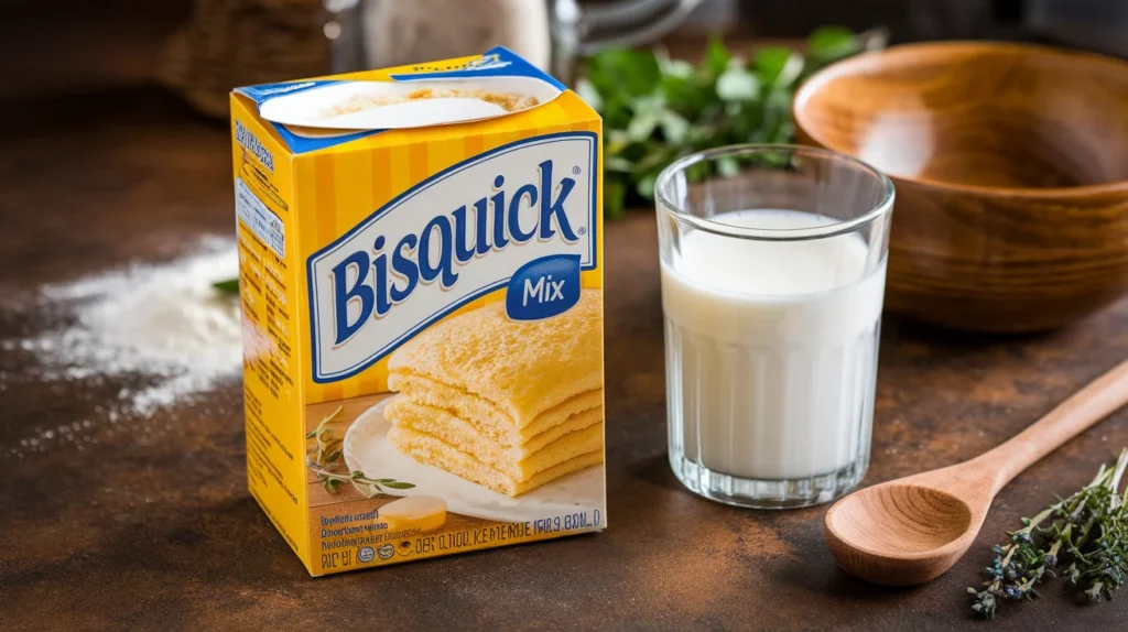 Ingredients for Bisquick dumplings, including Bisquick mix, a glass of milk, and fresh parsley, arranged neatly on a rustic wooden countertop with a mixing bowl and wooden spoon.