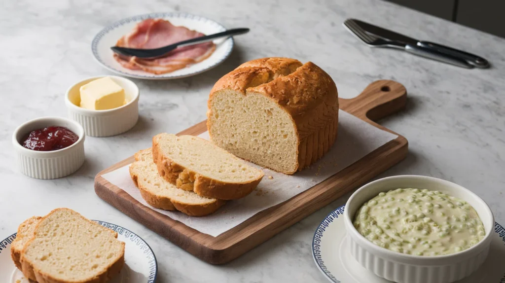 Stottie cake surrounded by butter, jam, ham, and pease pudding on a contemporary kitchen countertop, showcasing traditional and modern pairings."