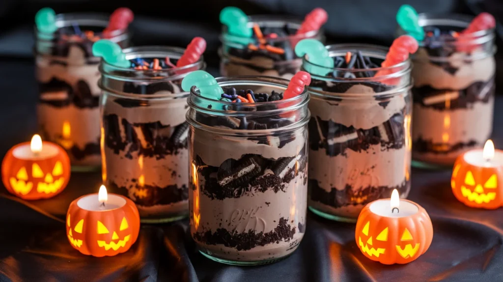 Individual mason jars layered with Oreo crumbs and pudding, topped with Halloween decorations like gummy worms and sprinkles, placed on a spooky table.