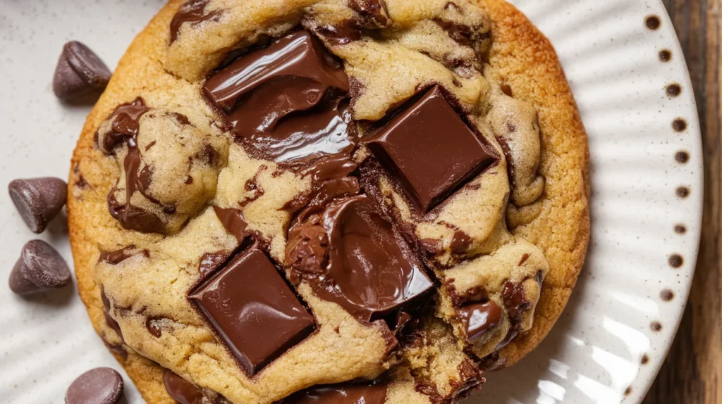 Close-up of a freshly baked chocolate chip cookie with gooey chocolate chunks, served on a white plate with scattered chocolate chips around