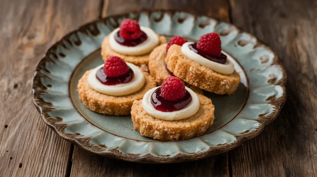 Raspberry cheesecake cookies topped with cream cheese frosting and a dollop of raspberry jam, elegantly placed on a rustic plate.