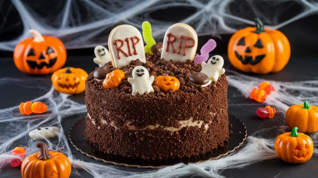 Halloween dirt cake topped with gummy worms, candy pumpkins, and cookie tombstones displayed on a Halloween-themed table with cobwebs and mini pumpkins.