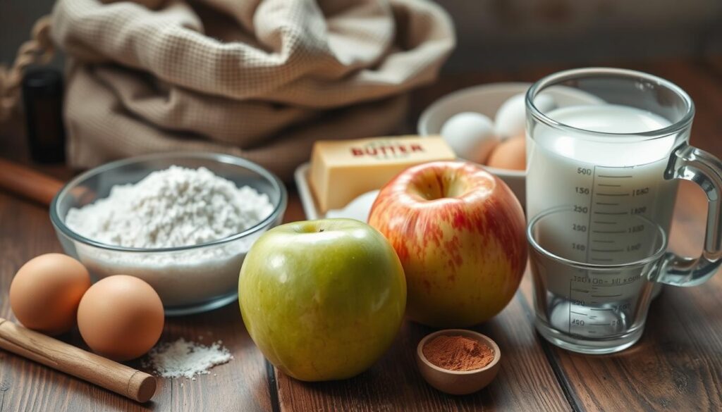 Essential baking ingredients: flour, cinnamon, apples, and brown sugar laid out on a wooden table