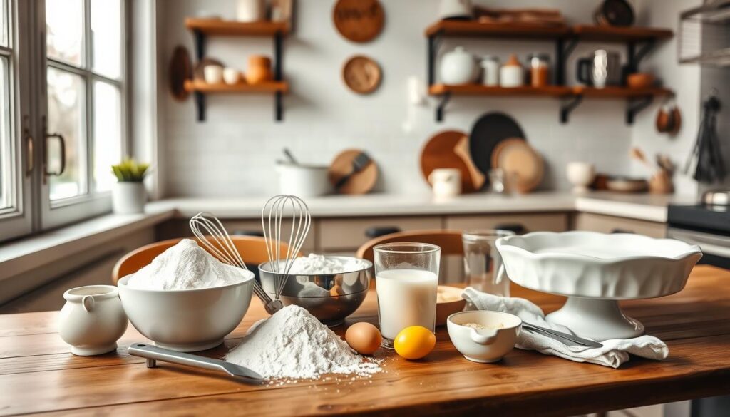 Mixing batter and preparing pans for an easy white cake recipe.