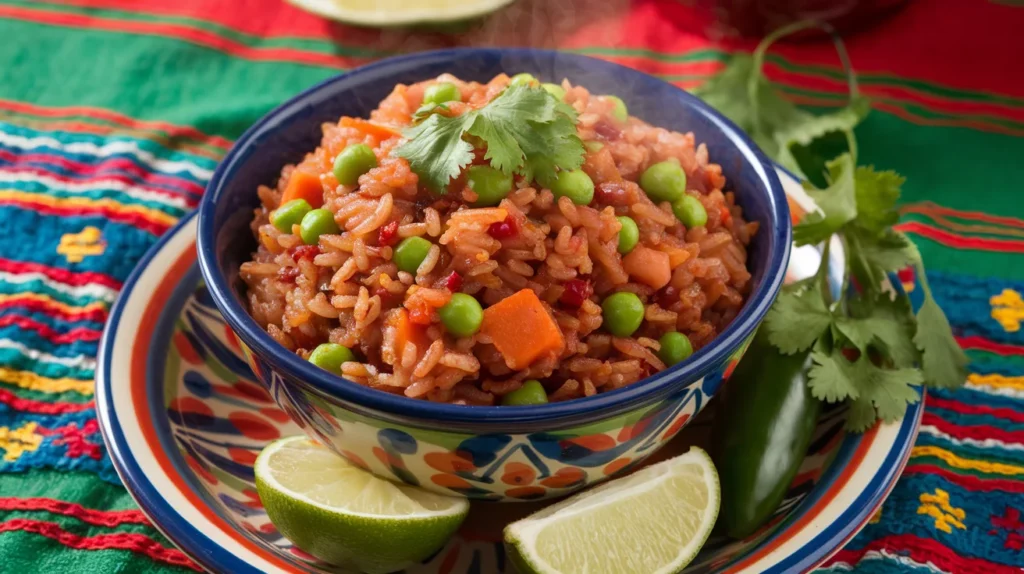 A colorful plate of Mexican arroz rojo with fluffy red rice, peas, carrots, and diced chilies, served with lime wedges and cilantro.