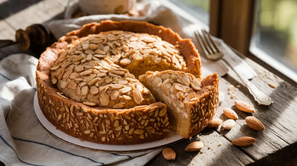 A freshly baked almond cake with a golden-brown crust, sliced to reveal its soft interior. The cake sits on a rustic wooden table, surrounded by almond slices and a vintage fork.