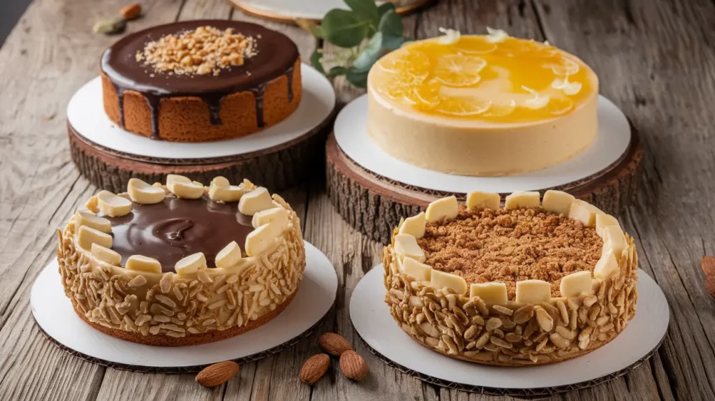 A selection of different almond cakes decorated with various toppings like chocolate ganache, citrus glaze, and almond crumble. The cakes are displayed on a rustic wooden table.