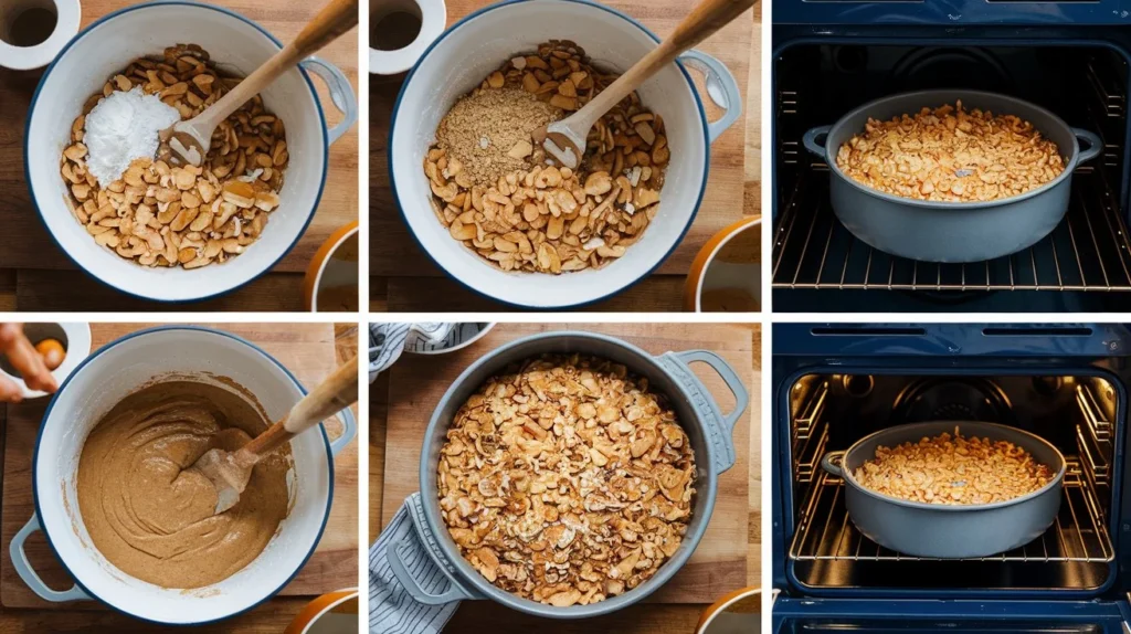 A close-up shot of ingredients being mixed in a bowl, including ground almonds, eggs, and butter. The image shows a baker's hands whisking the batter in preparation for the almond nut cake.