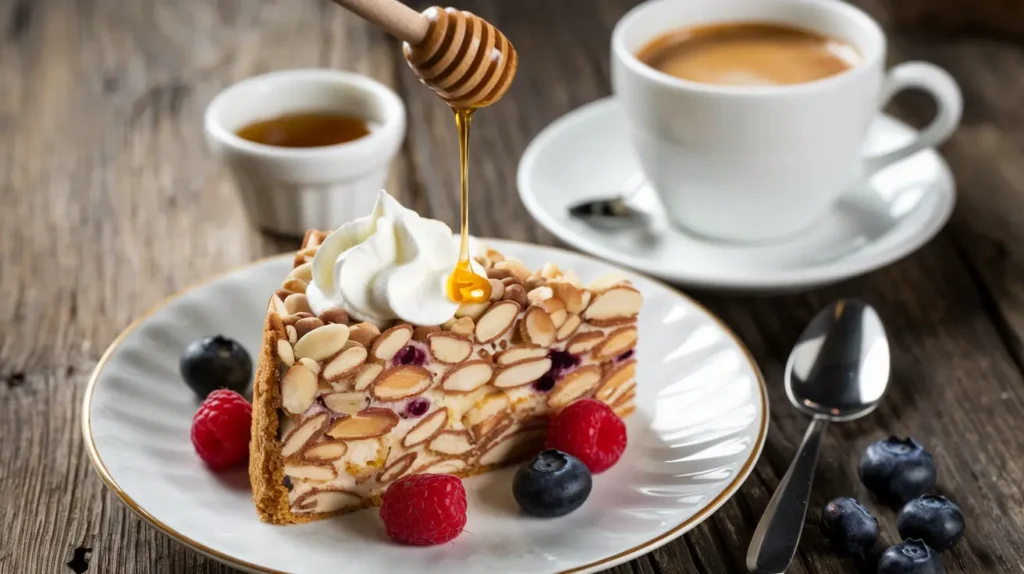 A slice of almond cake served with fresh berries and a dollop of whipped cream on a rustic plate. A steaming cup of coffee is set beside it