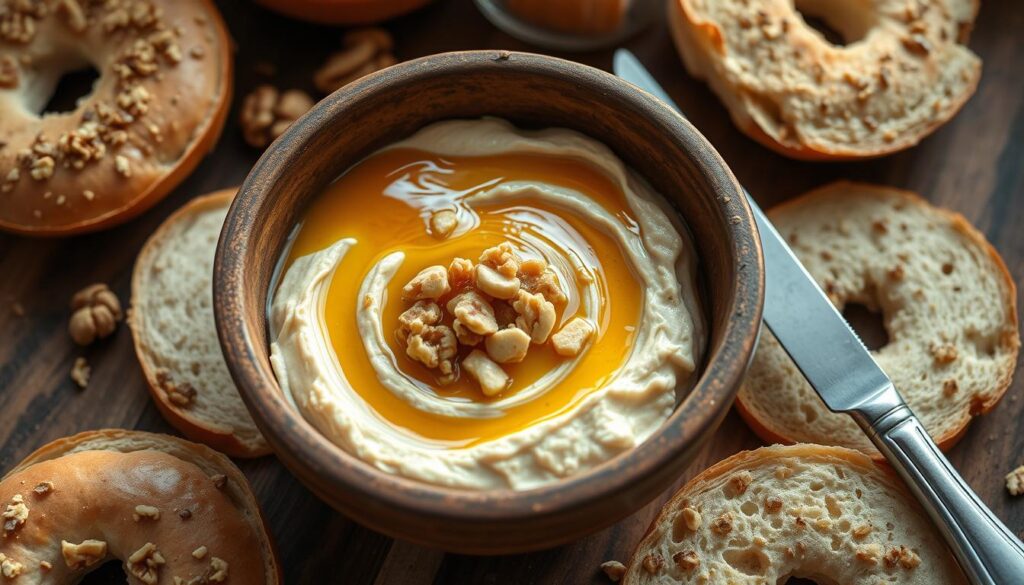 
Honey walnut cream cheese spread served in a bowl with bagels in the background