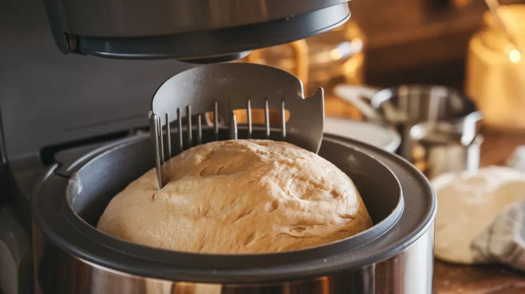 A modern bread machine in action, with dough kneading inside, set on a clean kitchen countertop with flour and measuring cups nearby