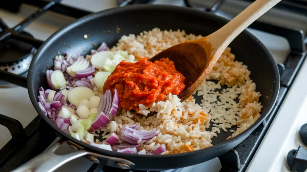 A skillet on the stove showing rice being sautéed with onions, garlic, and tomato paste, with a wooden spoon stirring the vibrant mixture.