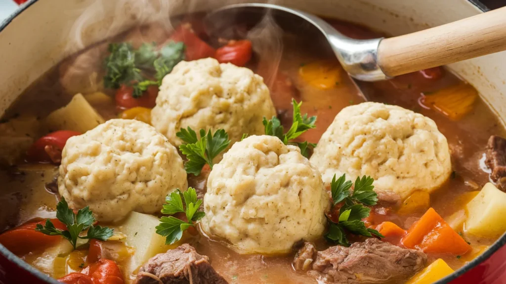 A steaming pot of chicken stew topped with perfectly fluffy Bisquick dumplings, garnished with parsley, and a wooden ladle resting on the side."