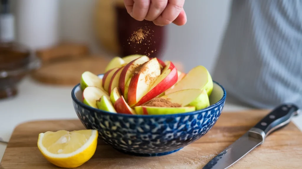 Sliced apples in a bowl sprinkled with cinnamon and sugar, with a lemon wedge and paring knife on a wooden cutting board, showing the preparation process for a no-oats apple crisp recipe.