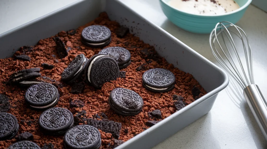 Crushed Oreos being spread as the base for a no bake dirt cake recipe in a baking dish with kitchen tools in the background.