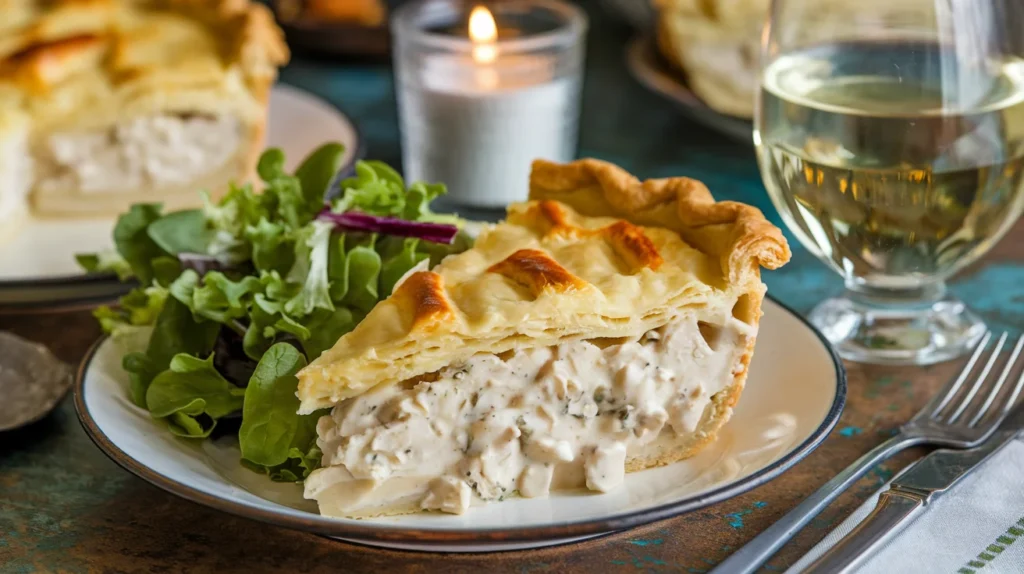 A slice of chicken pot pie served on a plate with a fresh green salad and a glass of white wine on a rustic table.