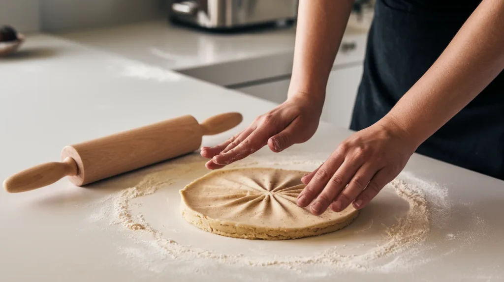 A woman shaping stottie cake dough on a floured surface in a modern kitchen, preparing a traditional North East England bread