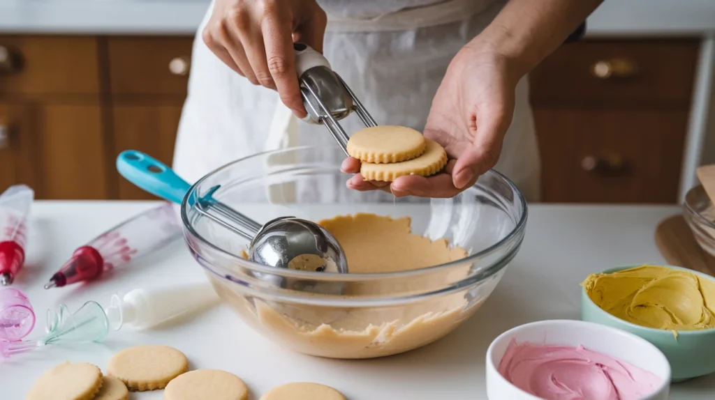 A baker's hands shaping cookie dough with a scoop, alongside decorating tools like piping bags and colorful frosting bowls on a countertop.