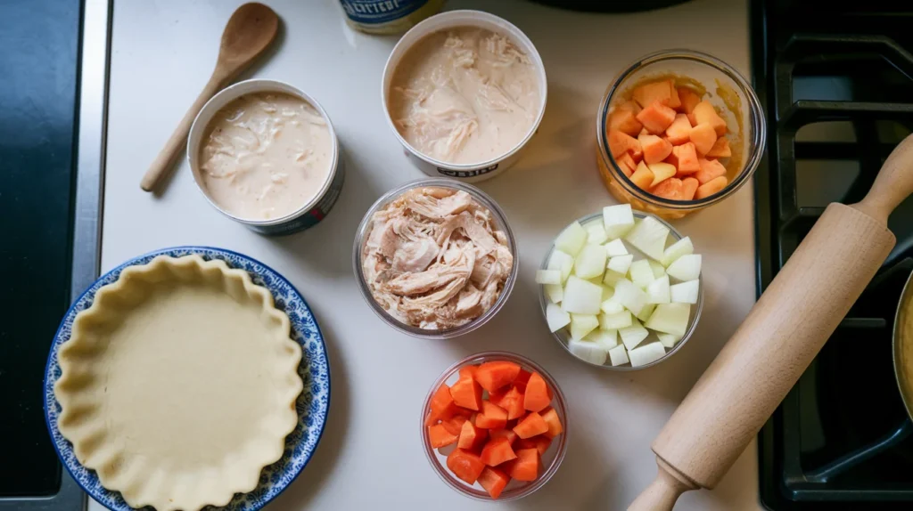 Overhead view of ingredients for chicken pot pie, including shredded chicken, cream of chicken soup, chopped vegetables, and pie crust dough on a wooden counter.