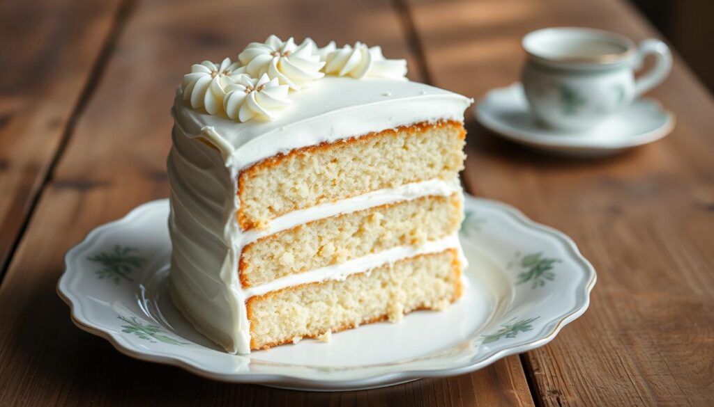 A slice of traditional white cake with a tender crumb and creamy frosting.