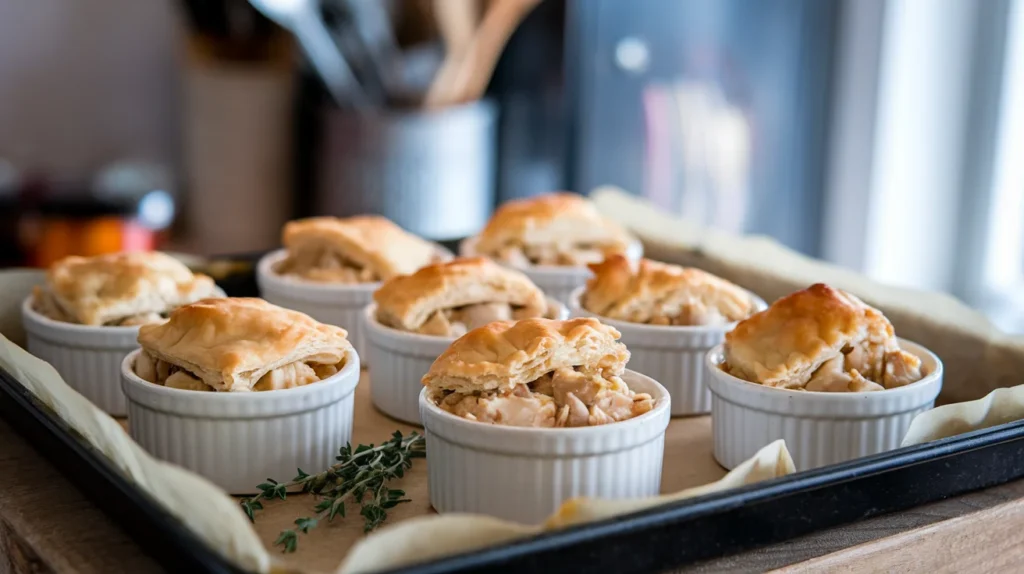 Small ramekins filled with chicken pot pie mixture, topped with flaky golden crusts, arranged on a baking sheet."