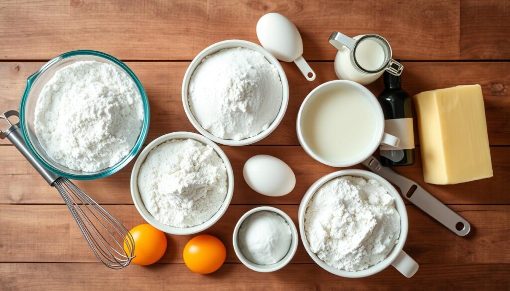 Ingredients for white cake, including cake flour, egg whites, butter, sugar, and vanilla extract."