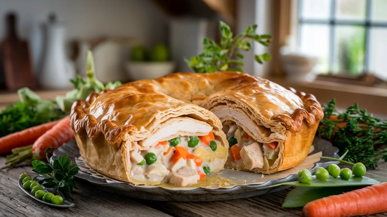 A golden-brown chicken pot pie with a flaky crust, cut open to reveal creamy chicken and vegetable filling, surrounded by fresh ingredients on a rustic wooden table.