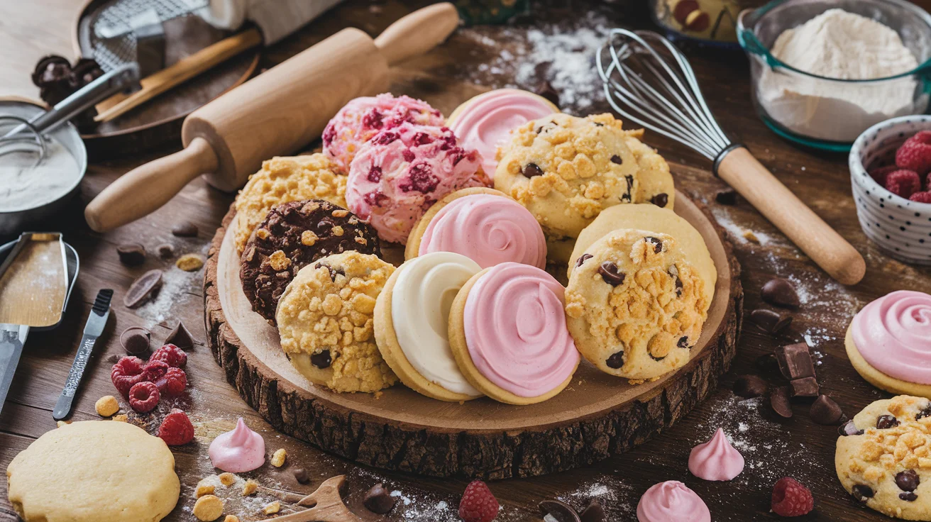 An assortment of colorful Crumbl-style cookies displayed on a rustic wooden table, featuring flavors like chocolate chip, raspberry cheesecake, and pink-frosted sugar cookies, surrounded by baking tools and scattered ingredients.