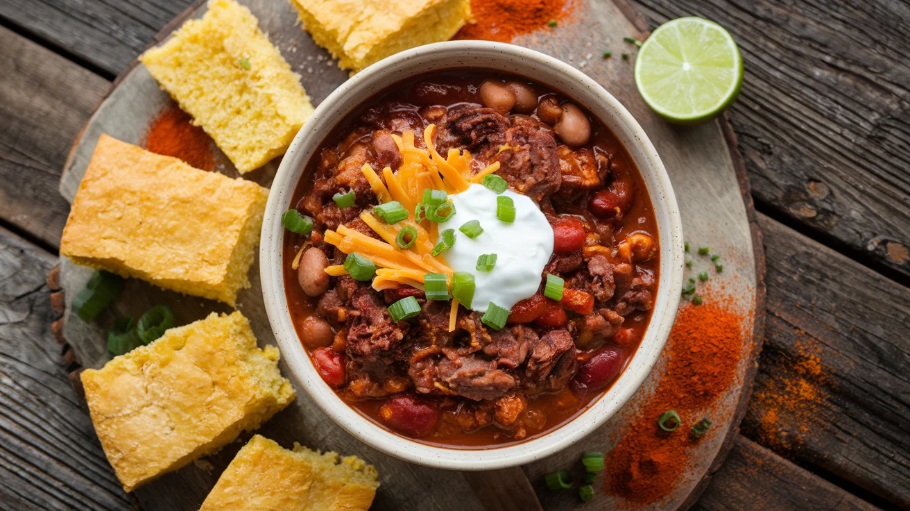 Top-down view of a bowl of venison chili with visible beans and tomatoes, topped with cheese, sour cream, and green onions, surrounded by cornbread and lime wedges on a wooden table.