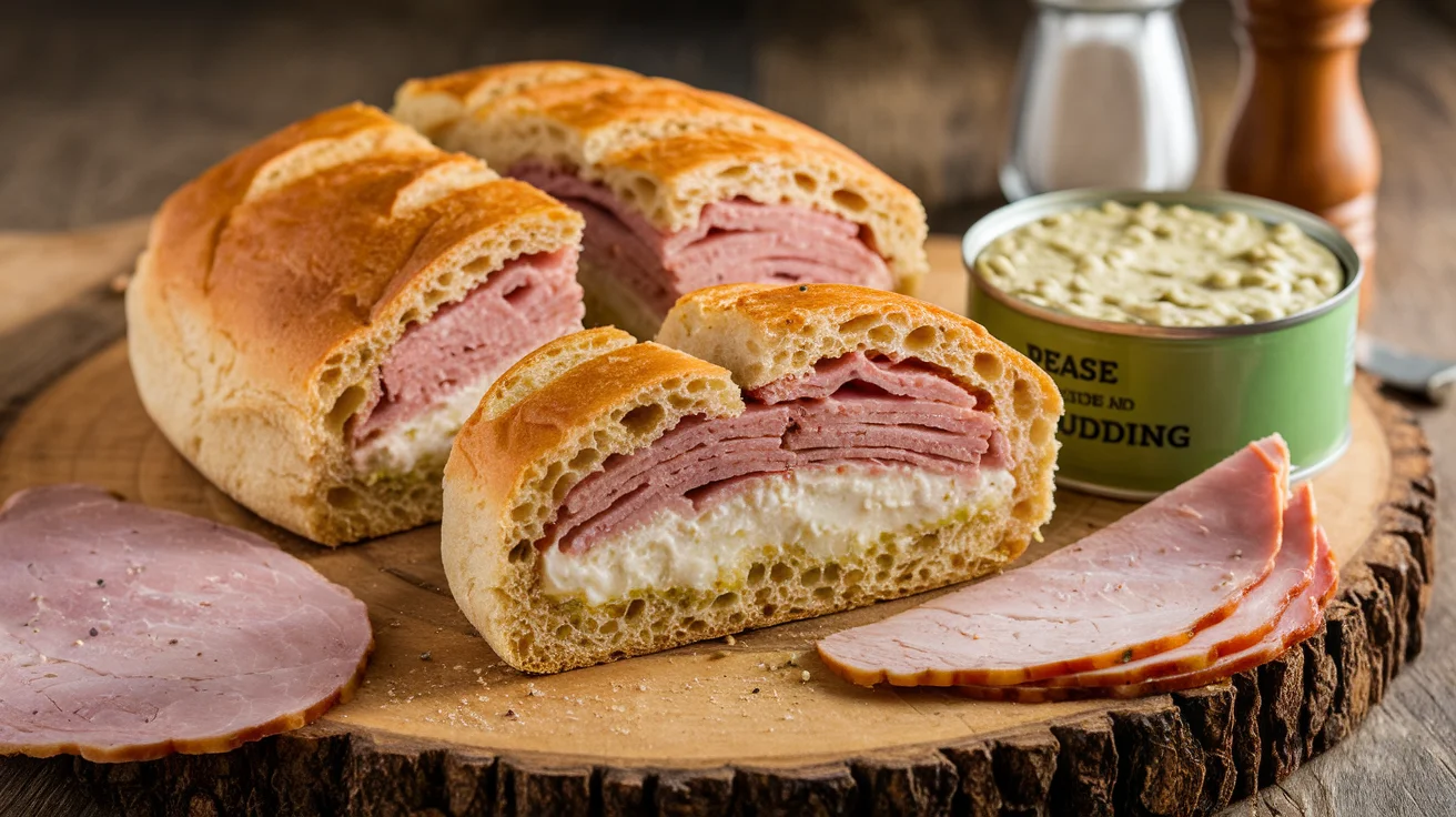 Freshly baked stottie cake sliced open, filled with ham and pease pudding, displayed on a wooden board in a modern kitchen setting, showcasing traditional North East England bread."