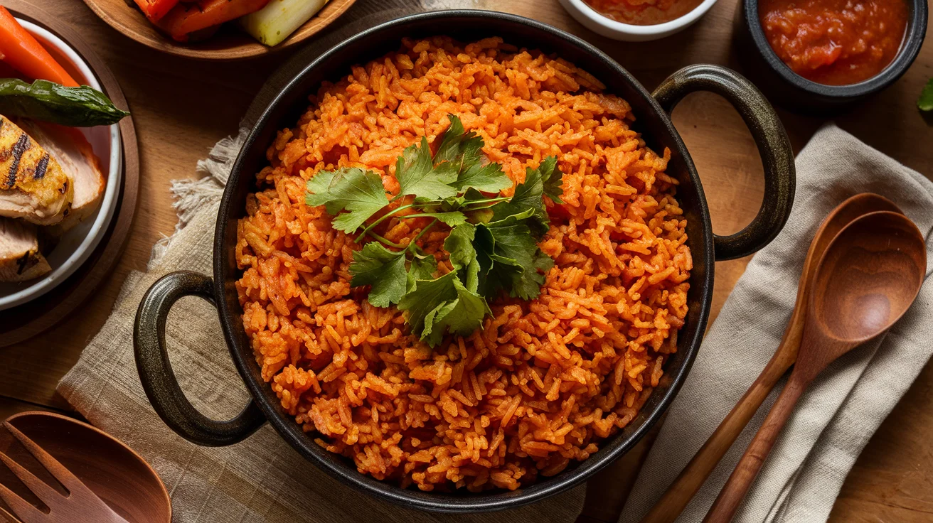 A large rustic bowl of vibrant red rice garnished with parsley, surrounded by grilled chicken, roasted vegetables, and tomato-based sauce on a natural wooden table setting