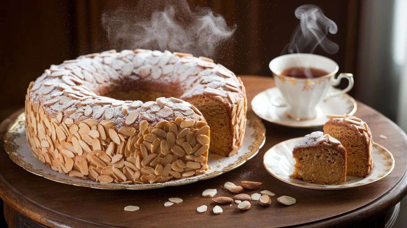 Delicious homemade almond nut cake with a golden-brown crust and sliced almonds on top.