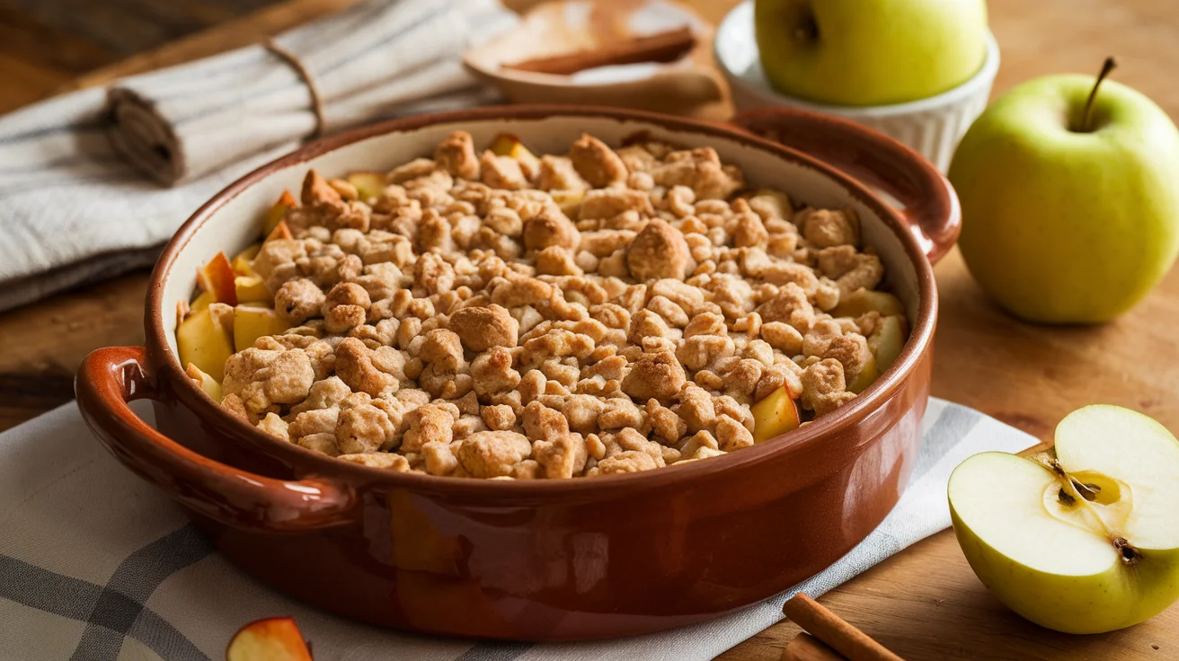 Freshly baked apple crisp recipe without oats in a rustic dish with a golden-brown crumble topping