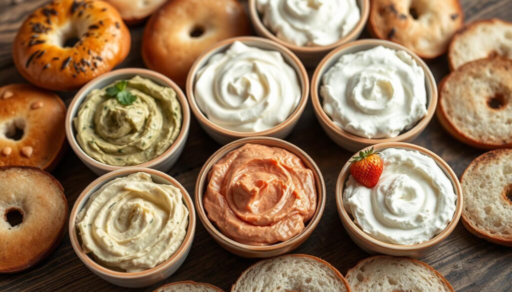 A variety of cream cheese spreads in different flavors served with bagels