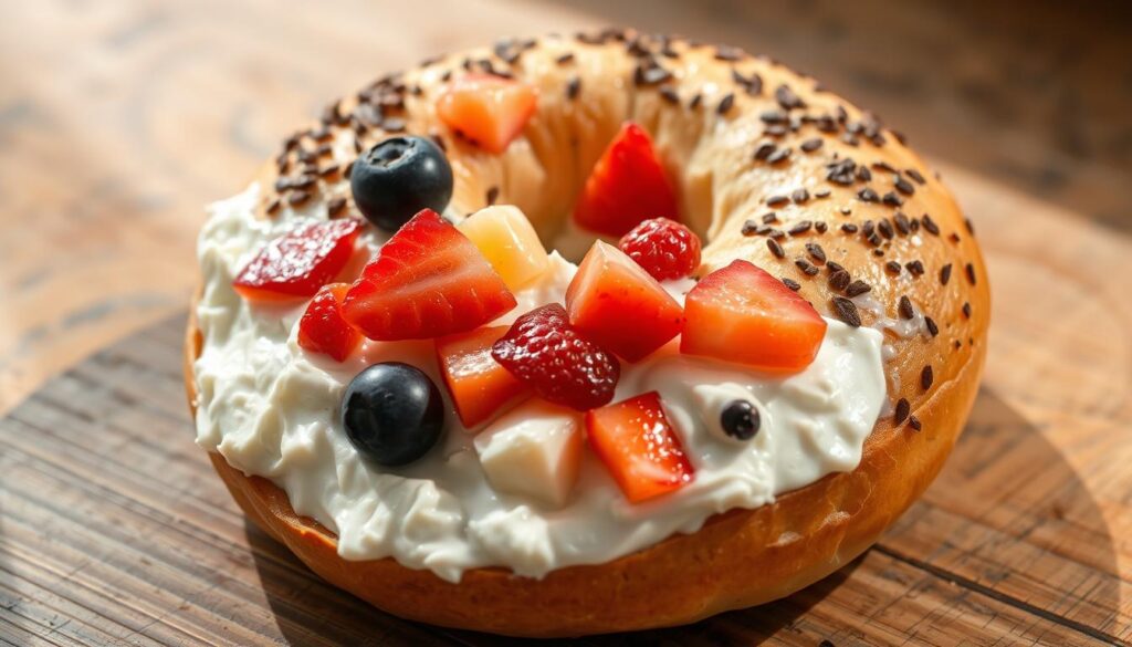 
Bagel topped with sweet cream cheese, fresh strawberries, blueberries, and banana slices.