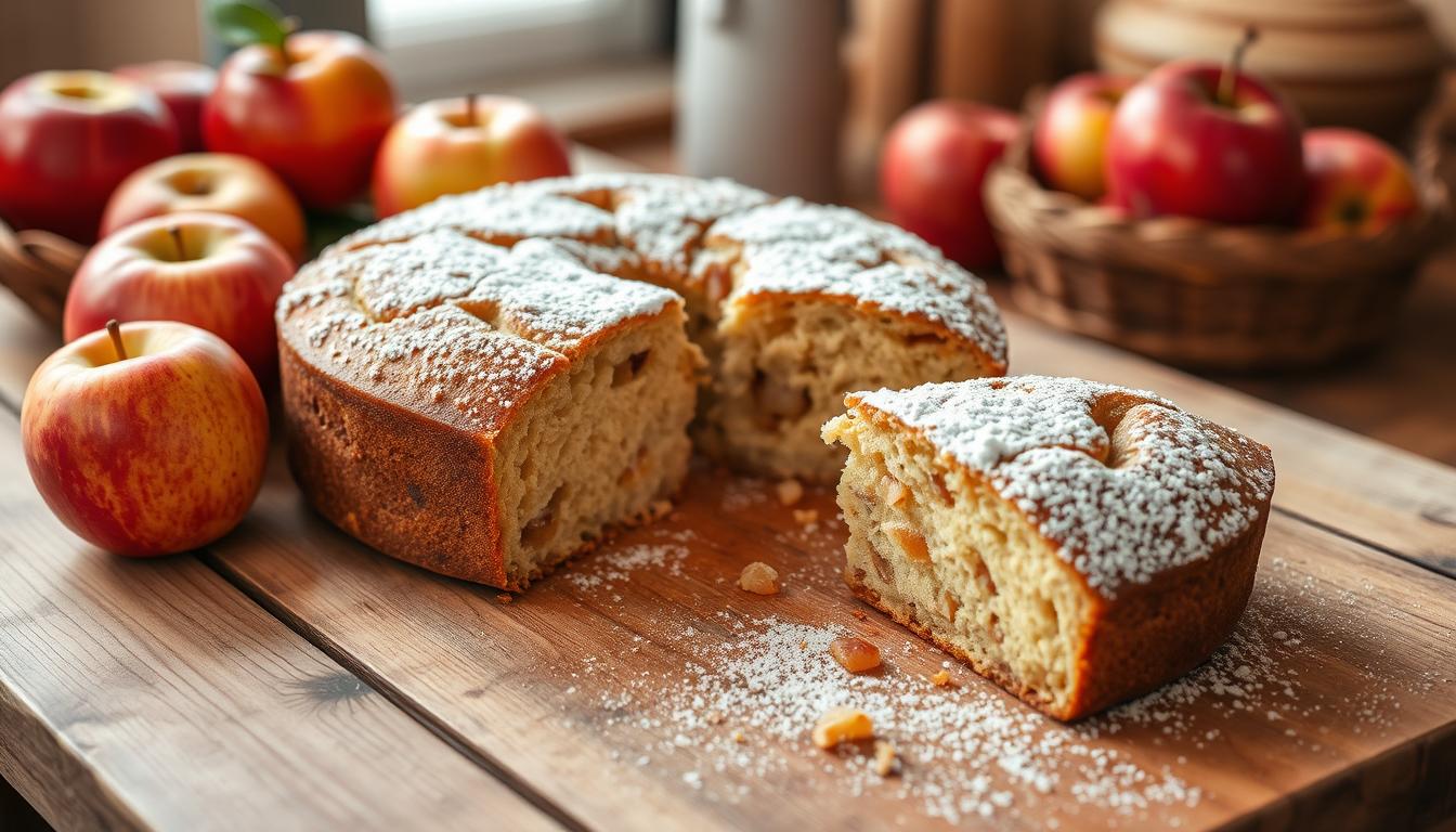 Fresh apple cake with a golden crust, topped with apple slices and a sprinkle of cinnamon