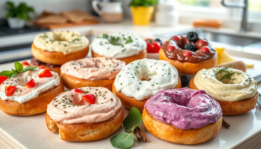 
Bagels topped with colorful cream cheese spreads in various flavors, including strawberry, blueberry, and herbs