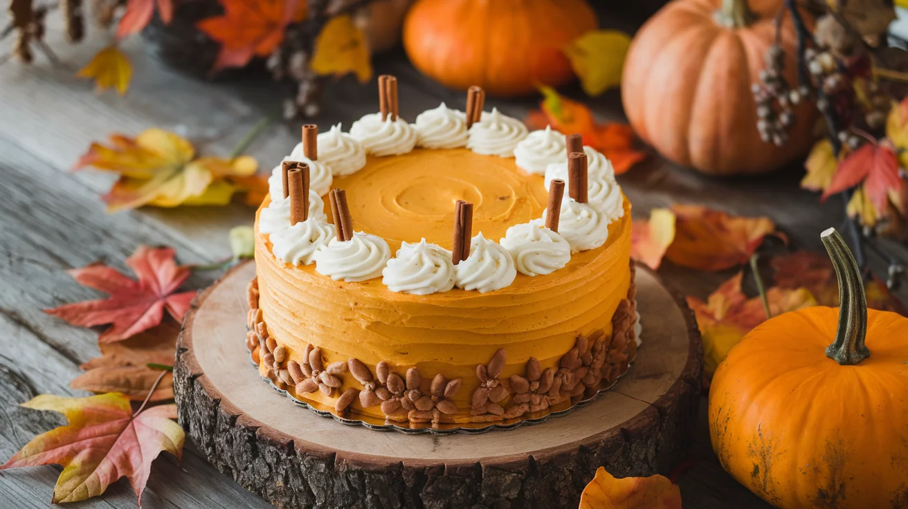 Decorated pumpkin cake with cream cheese frosting on a rustic wooden table surrounded by fall leaves and pumpkins.