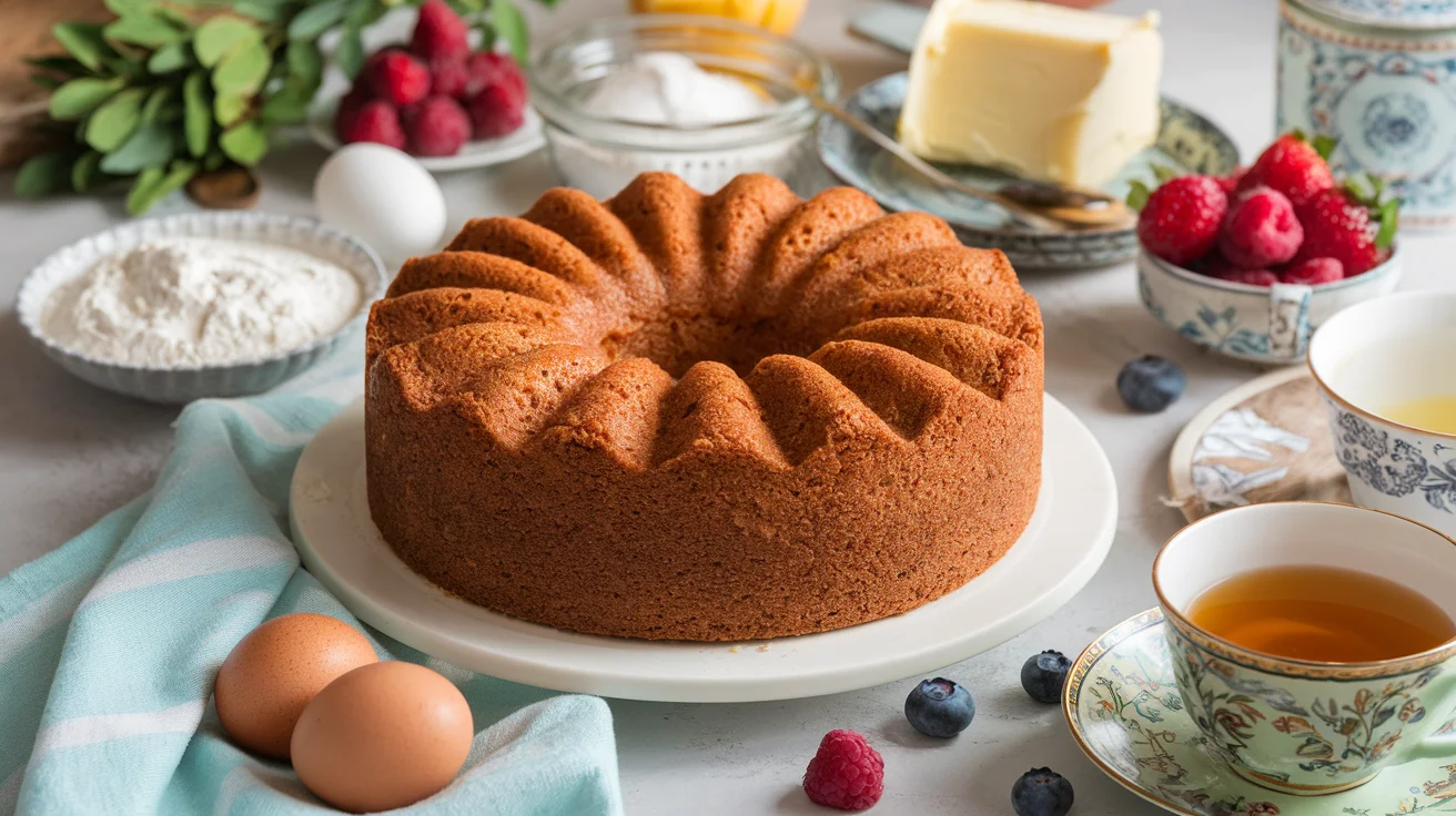 Whole diabetic pound cake with a golden crust, surrounded by almond flour, eggs, and butter on a styled table