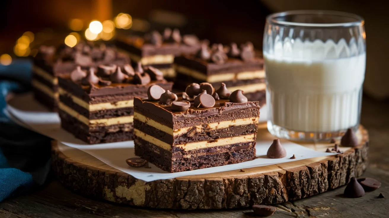 Freshly baked slutty brownie recipe showing distinct layers of cookie dough, Oreo cookies, and gooey brownie.